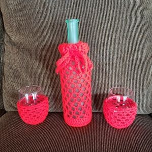 Hand Crocheted Wine Bottle Cozy with Stemless Wine Glass Cozies